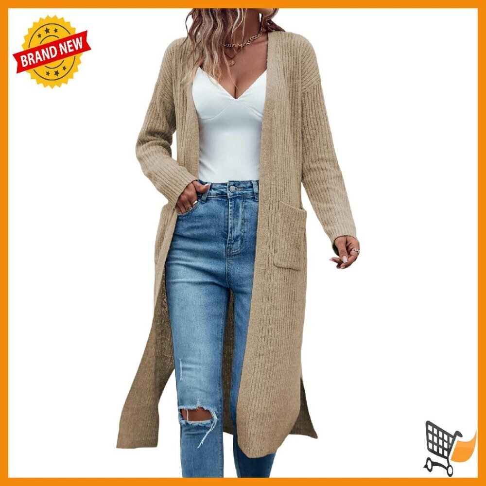 Oversized Ribbed Knit Cardigan with Pockets, Maxi Length, Open Front
